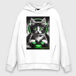 Толстовка оверсайз мужская Котёнок командный геймер - киберспорт, цвет: белый