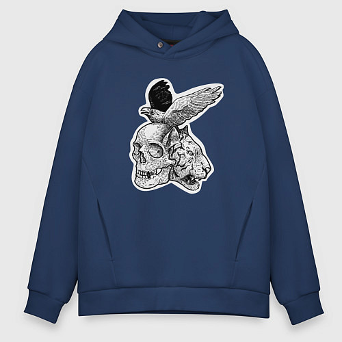 Мужское худи оверсайз Череп, тигр и ворон / Тёмно-синий – фото 1