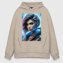 Толстовка оверсайз мужская Cyber girl - ai art, цвет: миндальный