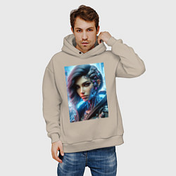 Толстовка оверсайз мужская Cyber girl - ai art, цвет: миндальный — фото 2