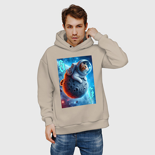 Мужское худи оверсайз Space cat - ai art / Миндальный – фото 3