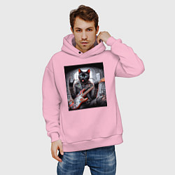 Толстовка оверсайз мужская Чёрный котяра рок гитарист, цвет: светло-розовый — фото 2