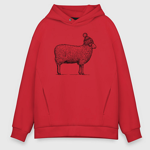 Мужское худи оверсайз Овца в шапке с помпоном / Красный – фото 1
