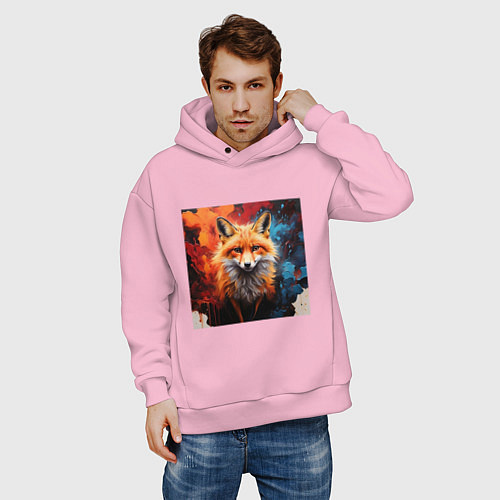 Мужское худи оверсайз Лисенок из акварели / Светло-розовый – фото 3