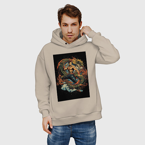 Мужское худи оверсайз Муай Тай боец и зеленый дракон / Миндальный – фото 3