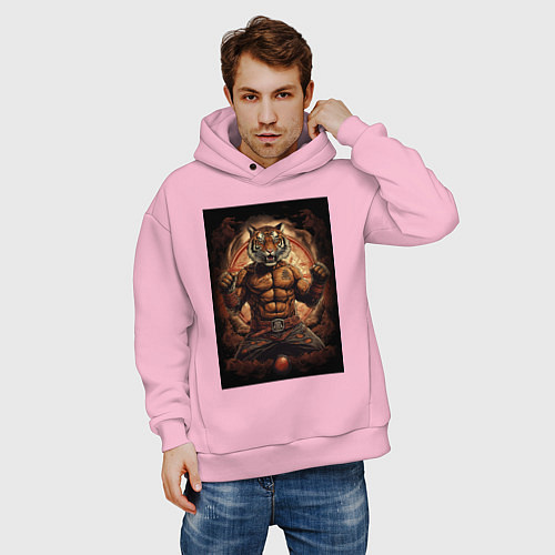 Мужское худи оверсайз Тайский бокс тигр в стойке / Светло-розовый – фото 3