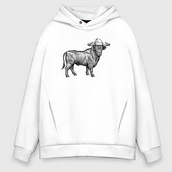 Толстовка оверсайз мужская Бык в новогодней шапке, цвет: белый