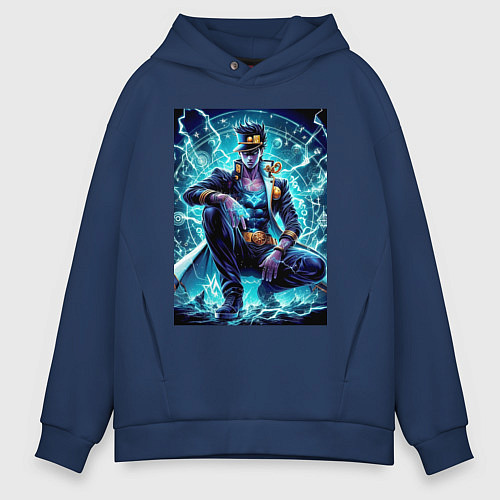 Мужское худи оверсайз Jotaro Kujo - neon glow ai art / Тёмно-синий – фото 1
