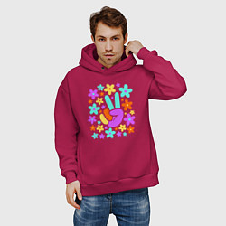 Толстовка оверсайз мужская Flower peace, цвет: маджента — фото 2