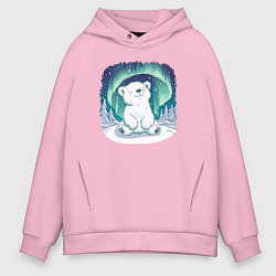 Толстовка оверсайз мужская Белый медвежонок под северным сиянием, цвет: светло-розовый