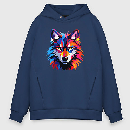 Мужское худи оверсайз Красочный волк поп арт / Тёмно-синий – фото 1