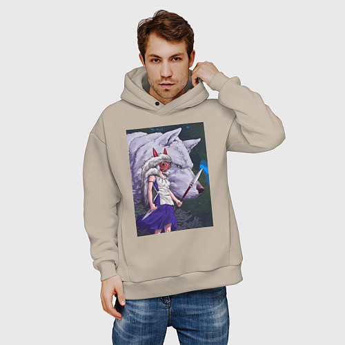 Мужское худи оверсайз Принцесса Мононоке волк / Миндальный – фото 3