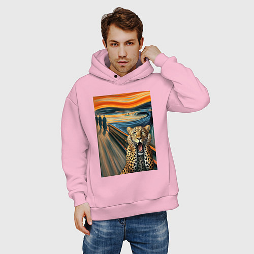 Мужское худи оверсайз Леопард кричит - мем картина от нейросети / Светло-розовый – фото 3
