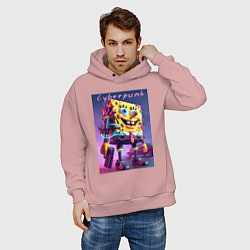 Толстовка оверсайз мужская Sponge Bob with a pistol - cyberpunk ai art, цвет: пыльно-розовый — фото 2