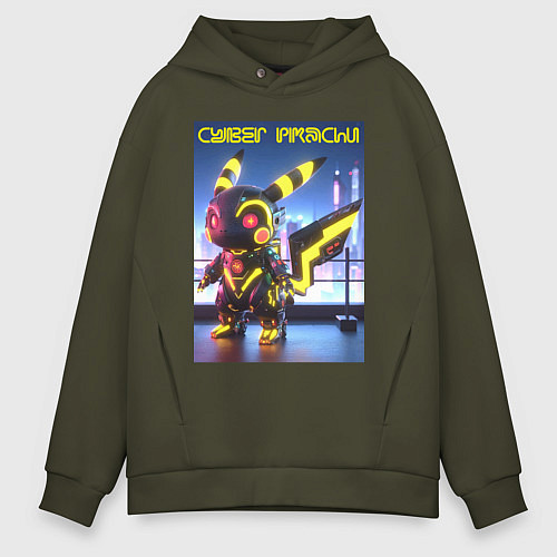 Мужское худи оверсайз Cyber pikachu - ai art neon glow fantasy / Хаки – фото 1