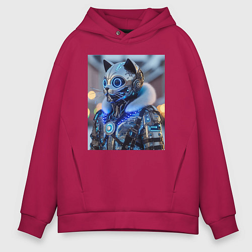 Мужское худи оверсайз Cyber cat - ai art fantasy / Маджента – фото 1