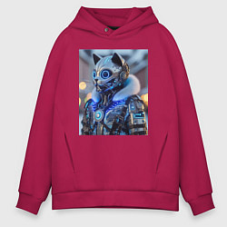 Толстовка оверсайз мужская Cyber cat - ai art fantasy, цвет: маджента