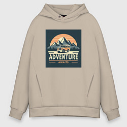 Толстовка оверсайз мужская Автомобиль горы путешествие в ретро стиле, цвет: миндальный