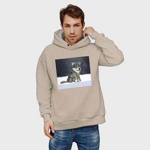 Мужское худи оверсайз Волк ауффф мем / Миндальный – фото 3