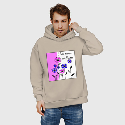 Мужское худи оверсайз Люблю лето и цветы яркий розовый / Миндальный – фото 3