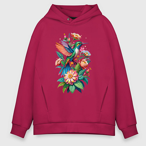 Мужское худи оверсайз Колибри среди цветов / Маджента – фото 1