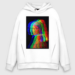 Толстовка оверсайз мужская Девушка с жемчужной серёжкой с глюками, цвет: белый