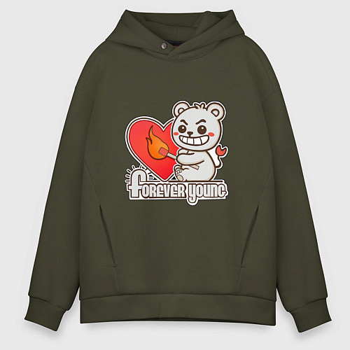 Мужское худи оверсайз Медведь хулиган с сердцем и спичкой / Хаки – фото 1