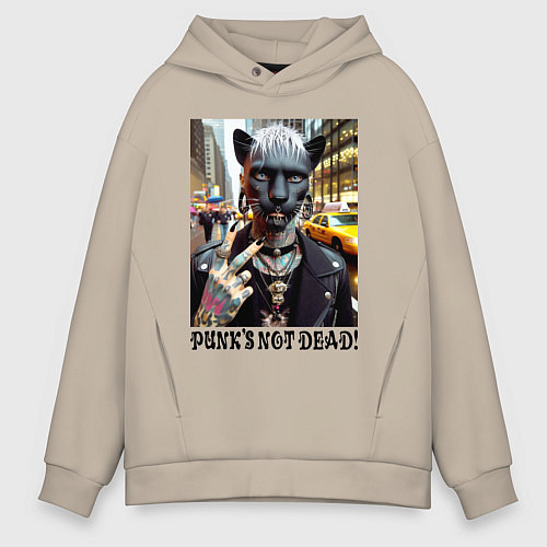 Мужское худи оверсайз Girl panther im New York - punks not dead / Миндальный – фото 1