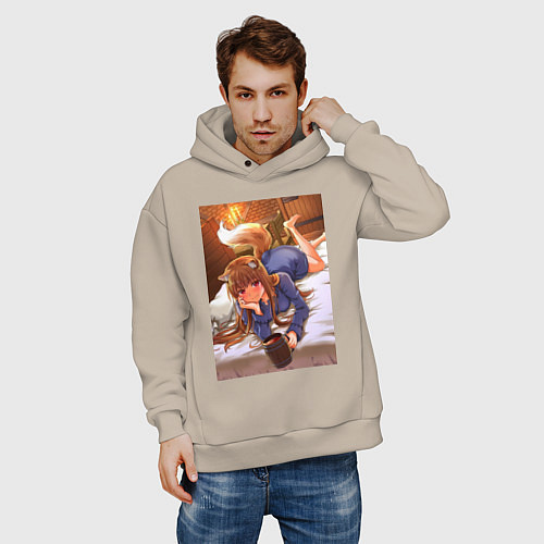 Мужское худи оверсайз Волчица и пряности Холо с кружкой / Миндальный – фото 3