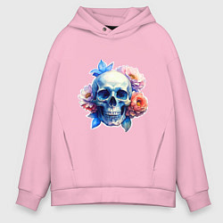 Толстовка оверсайз мужская Акварельный череп в цветах, цвет: светло-розовый