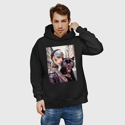 Мужское худи оверсайз Punk girl under the protection of a panther - New / Черный – фото 3