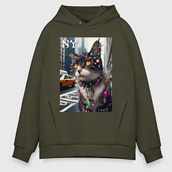 Толстовка оверсайз мужская Пирсинг Нью-Йоркского кота - нейросеть, цвет: хаки
