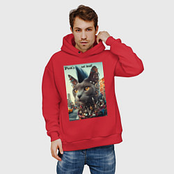 Толстовка оверсайз мужская Уличный кот панк музыкант - нейросеть, цвет: красный — фото 2