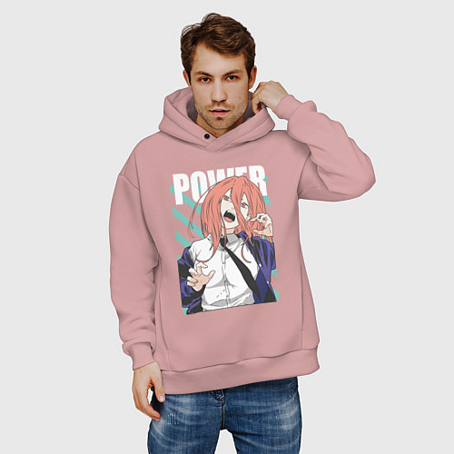 Мужское худи оверсайз Человек-бензопила Пауэр Power / Пыльно-розовый – фото 3
