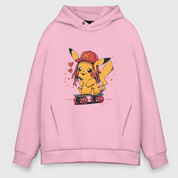 Толстовка оверсайз мужская Пикачу в кепке на скейте, цвет: светло-розовый