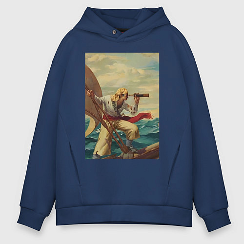 Мужское худи оверсайз Моряк и подзорная труба / Тёмно-синий – фото 1