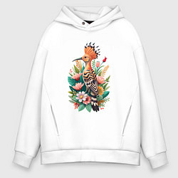 Толстовка оверсайз мужская Птица удод среди цветов, цвет: белый