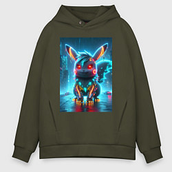 Толстовка оверсайз мужская Cyber Pikachu in the neon metropolis - ai art, цвет: хаки