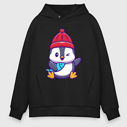 Толстовка оверсайз мужская Пингвин с рыбкой, цвет: черный