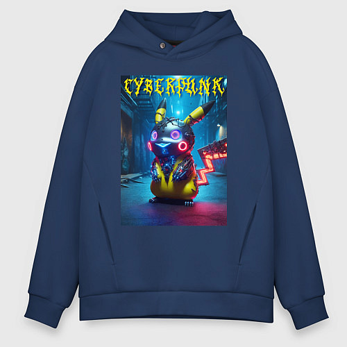 Мужское худи оверсайз Cyberpunk - cool Pikachu neon glow / Тёмно-синий – фото 1