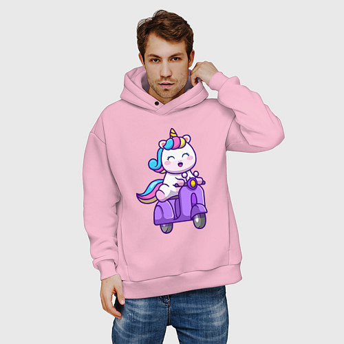 Мужское худи оверсайз Единорог на мотороллере / Светло-розовый – фото 3