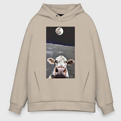 Толстовка оверсайз мужская Корова делает селфи на Луне - Земля в космосе, цвет: миндальный