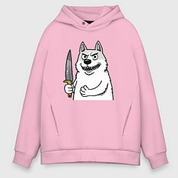 Толстовка оверсайз мужская Белый пес с ножом, цвет: светло-розовый