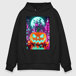 Толстовка оверсайз мужская Halloween and Minecraft - pumpkin, цвет: черный