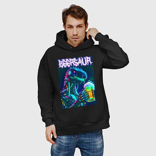 Мужское худи оверсайз Neon cyber beersaur - neon glow fantasy / Черный – фото 3