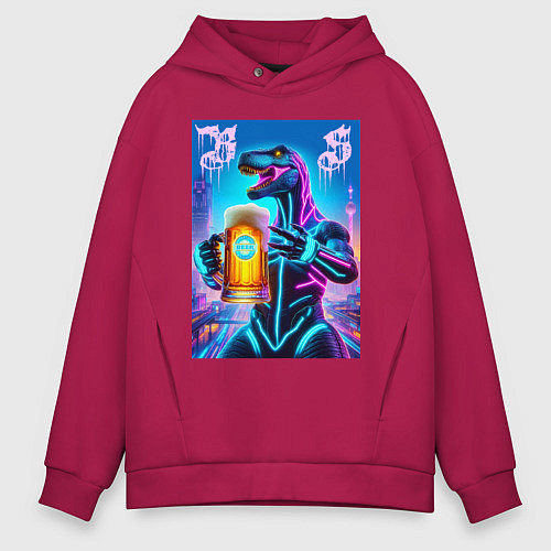 Мужское худи оверсайз Neon beersaur in metropolis - ai art fantasy / Маджента – фото 1