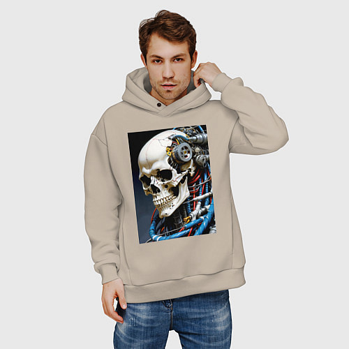 Мужское худи оверсайз Кибер череп - нейроарт фантазия / Миндальный – фото 3