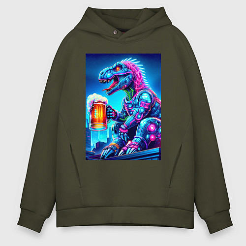 Мужское худи оверсайз Cyber tyrannosaur with a mug of beer - ai art fant / Хаки – фото 1