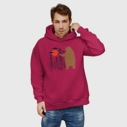 Толстовка оверсайз мужская Человек и медведь, цвет: маджента — фото 2