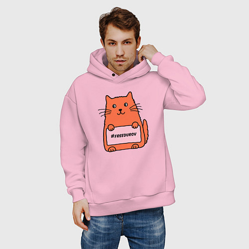 Мужское худи оверсайз Кот с табличкой Свободу Дурову / Светло-розовый – фото 3